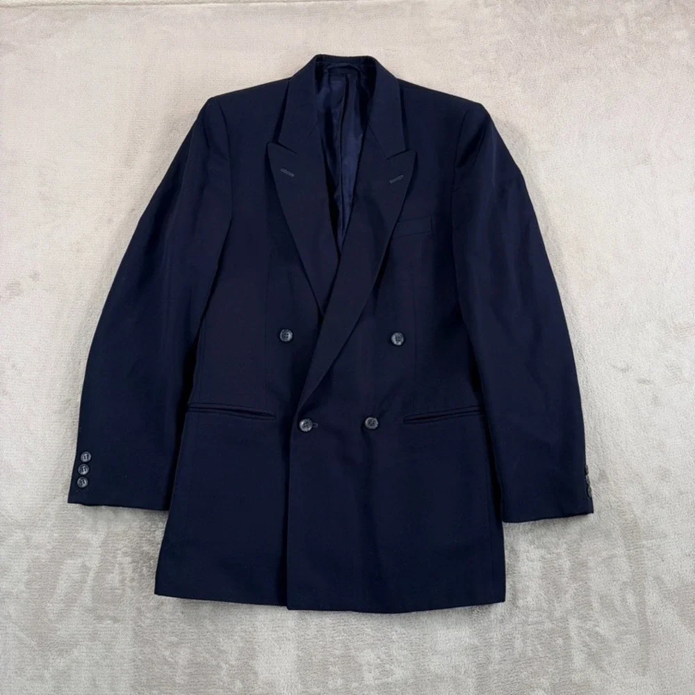 Vintage Tessuto Marzotto Italia Double Breasted Blazer Sport Coat Navy Men 40L